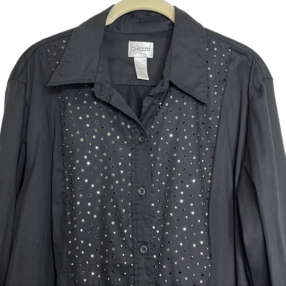 Chicos Womens Blouse Size XL Black Long Sleeve Button Up Collared Bling Bodice - Picture 2 of 5
